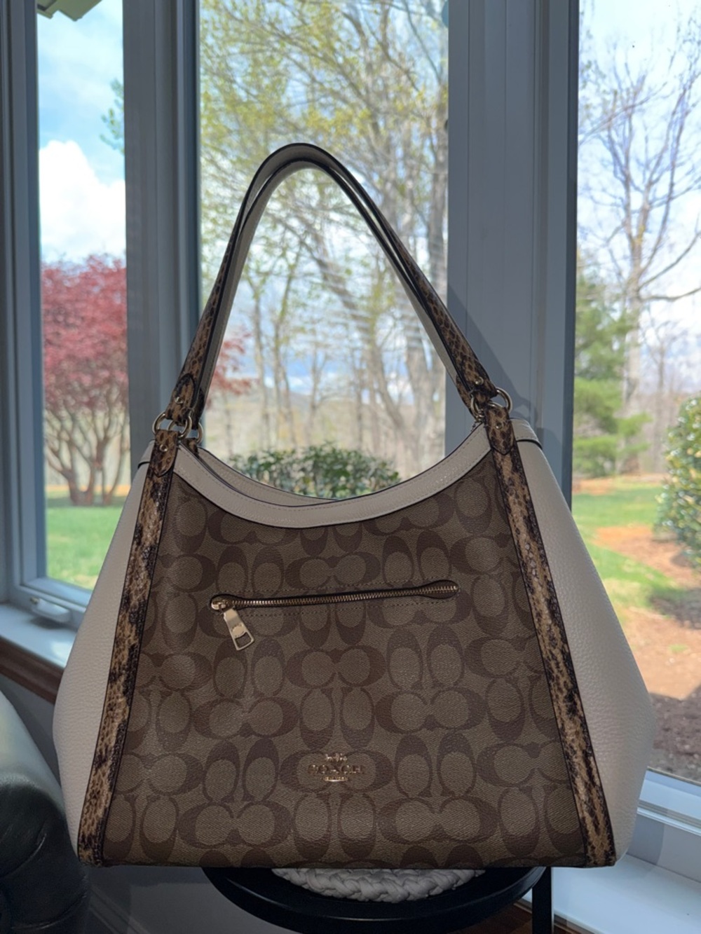 Coach Brown Signature Canvas Shoulder Bag with Cream Panels and Snakeskin Trim